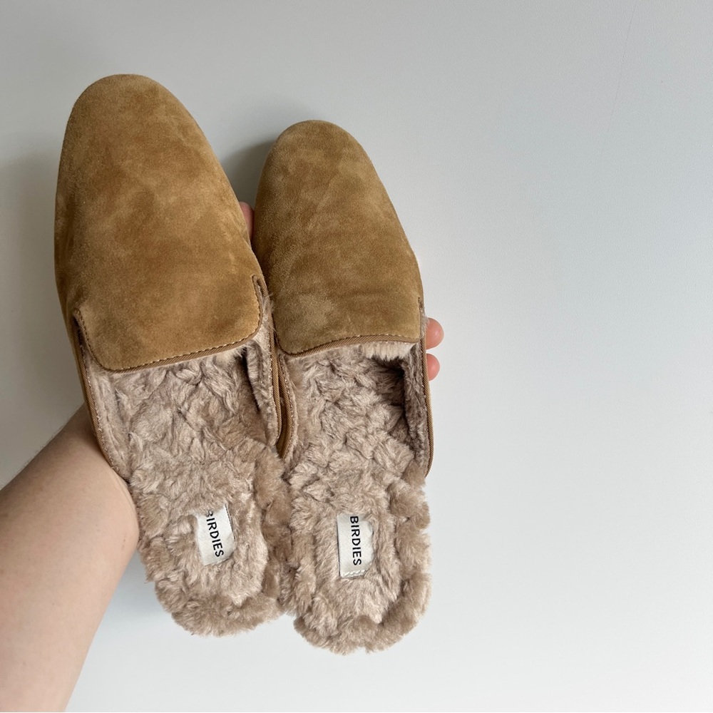 Birdies The Phoebe Mule Slipper Camel Suede Leather Cream Faux Fur Size 8 - Picture 2 of 16
